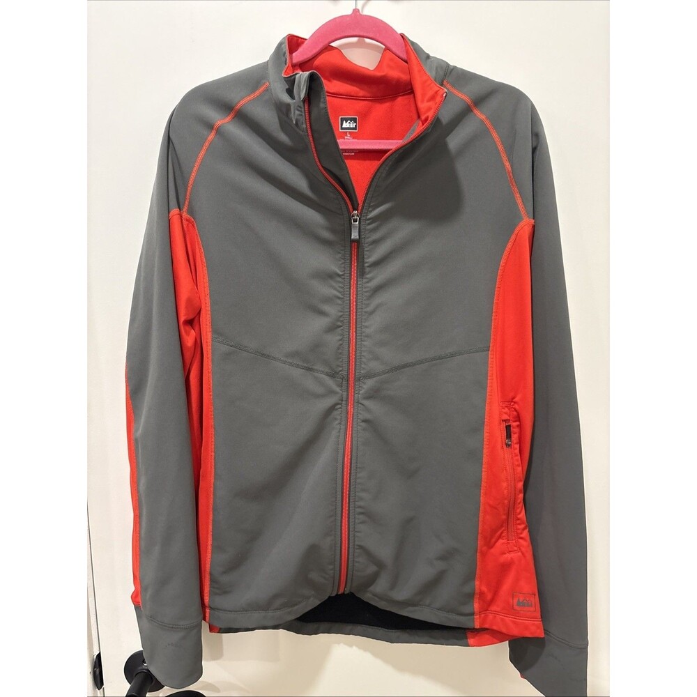 REI Athletic Full Zip Cycling Jacket, Size L, Grey and Orangish Red